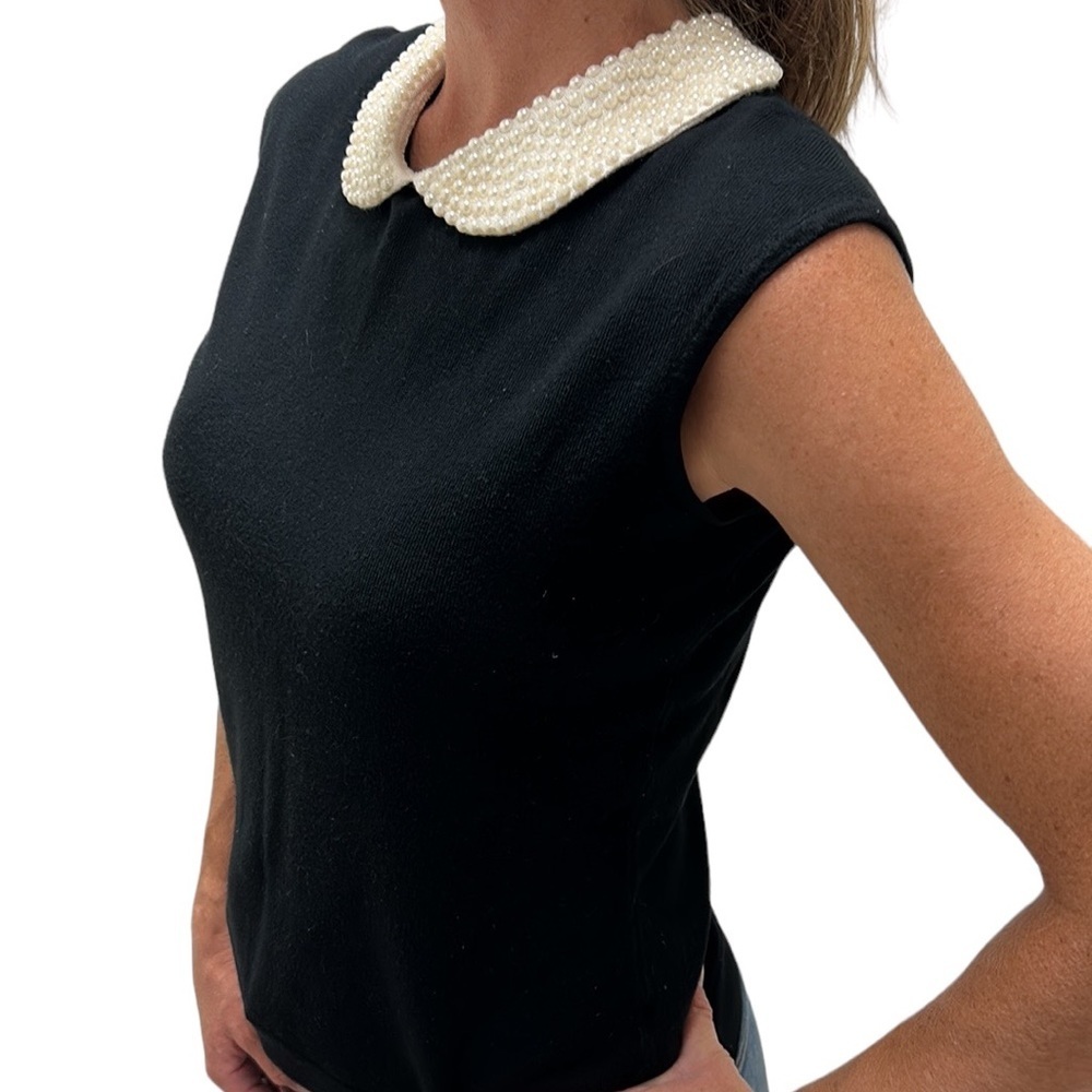 Vintage Nancy Yang Pearl Beads Peter Pan Collar Knit Blouse Black Cap Sleeve S